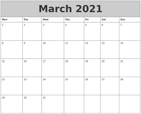 March 2021 My Calendar