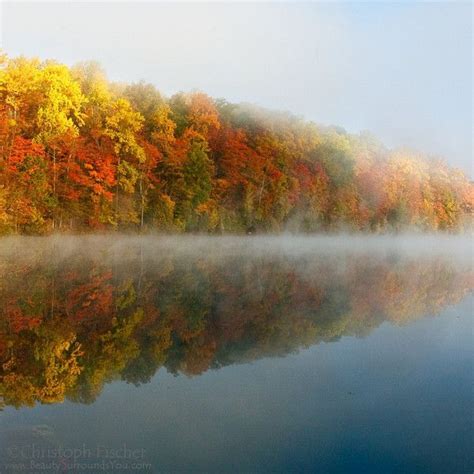 Autumn Foliage Reflections With Fog At Green Lakes State Park In
