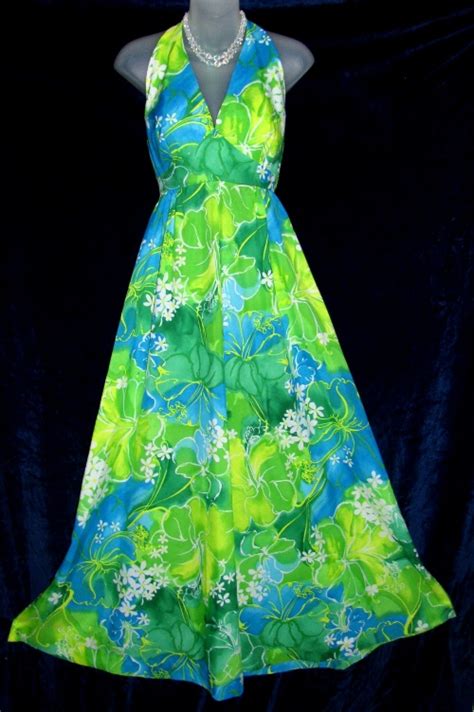 hukilau wide sweep halter floral hawaiian dress at classy option vintage hawaiian dresses