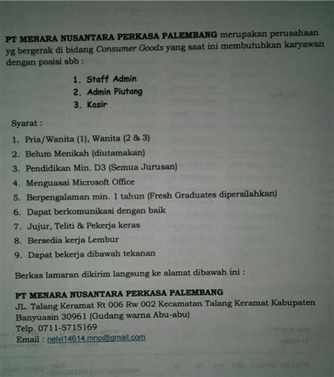 Spv accounting & tax pt. Lowongan Pekerjaan PT. Menara Nusantara Perkasa Palembang ...