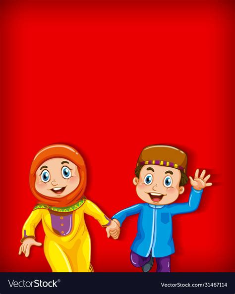 Background Template Design With Two Muslim Kids Vector Image