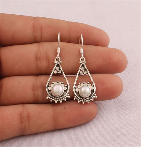 Pearl Dangle Earrings For Women Sterling Silver White Etsy