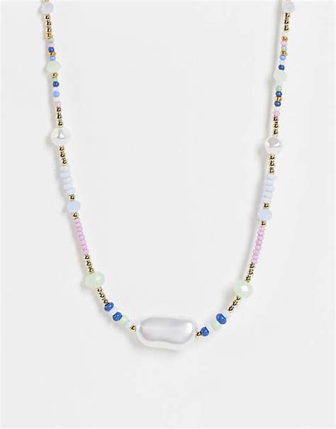 Asos Design Pearl Necklace With Multi Colour Beads Asos