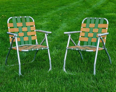 Vintage Lawn Chairs 2 Green And Gold Tubed Aluminum Metal Frame Patio Furniture Porch Decor