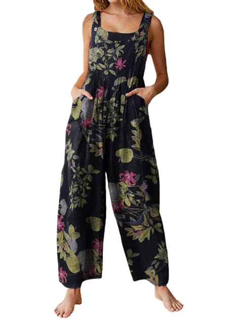 Vonda Womens Cotton Linen Floral Print Jumpsuits Wide Leg Pants