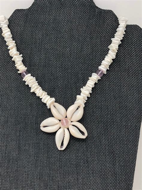Shell Chip Necklace With Cowrie Shells Flower Pendant Etsy Necklace