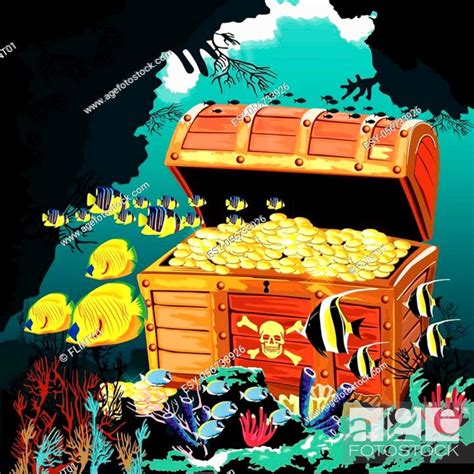 Illustration Of Underwater Cave With An Open Pirate Treasure Chest