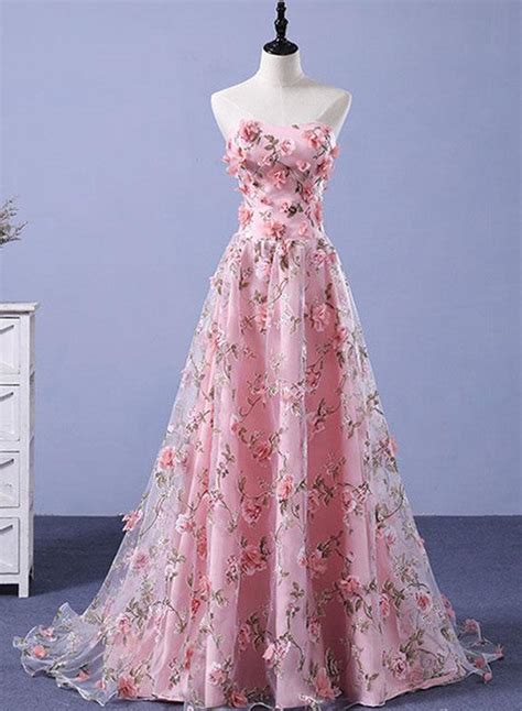 Beautiful Light Pink Flowers Romantic Long Formal Gowns Flowers Party