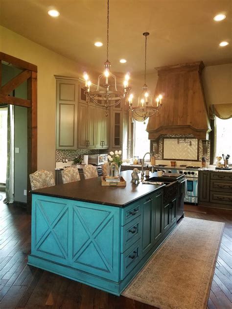 Turquoise island in rustic kitchen | Kitchen island decor, Turquoise