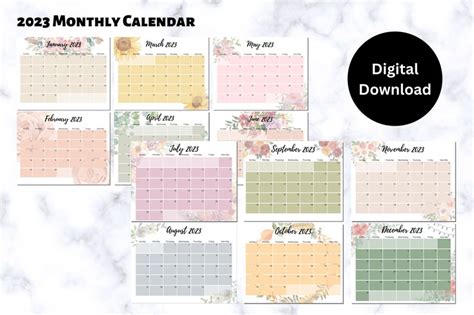 2023 Calendar Printable Watercolor Floral Monthly Planner 12 Etsy