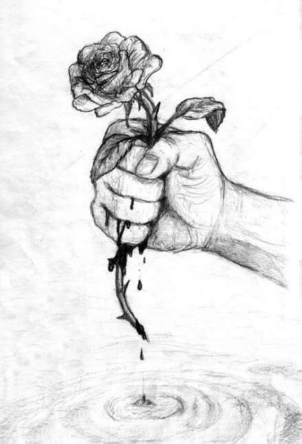 Dibujo De Rosa Con Espinas Apretada Con Una Mano Ensangrentada Sad