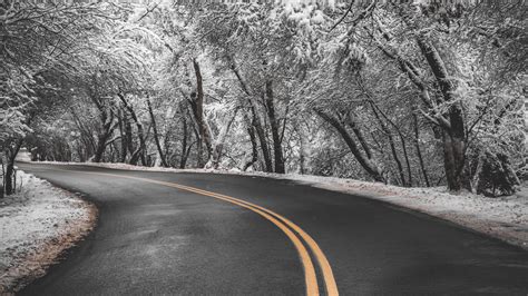 Download Wallpaper 3840x2160 Road Turn Asphalt Marking Trees Snow