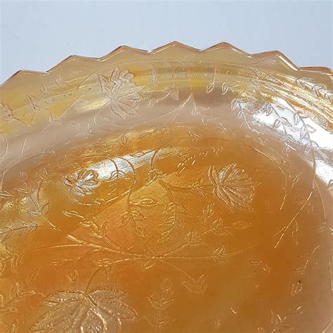 Vintage Jeannette Glass Floragold Louisa Iridescent Marigold Glass Oval Platter 11 5 Inch Mid