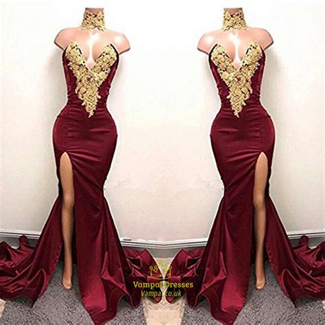 sexy burgundy mermaid high neck high split gold lace appliques african prom dresses vampal dresses