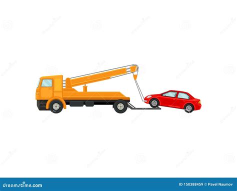 Tow Truck Pulls A Minibus Vector Illustration On White Background