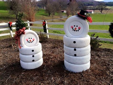 Snowman Made With Painted Tires Outdoor Christmas Decorations