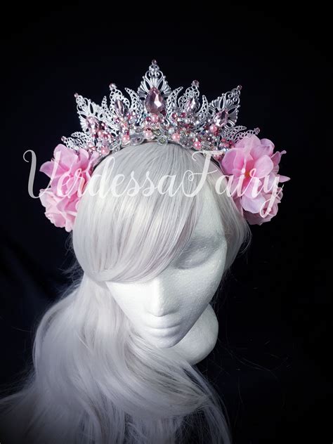 Fairy Princess Headpiece Silver Crown Tiara With Pink Flowers Metal