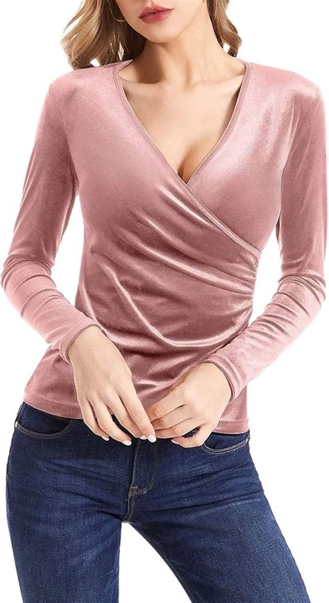 Tops For Women Sexy Casual Deep V Neck Long Sleeve Velvet Unique Cross Wrap Sparkly Tops T Shirt