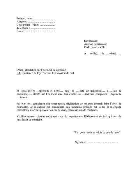 Modèle d attestation sur l honneur de domicile à compléter