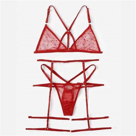Sexy Red See Through Mesh Spaghetti Straps Bra And Thong Lingerie With