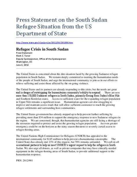 Document Us Department Of State On Refugee Crisis In South Sudan