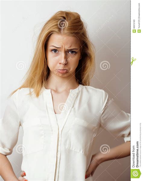 Teenage Cute Blond Girl Thinking Frustrated Emotional On White