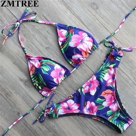 zmtree brand bikinis 2017 hot floral printed swimwear women bikini set sexy bandage swimsuits
