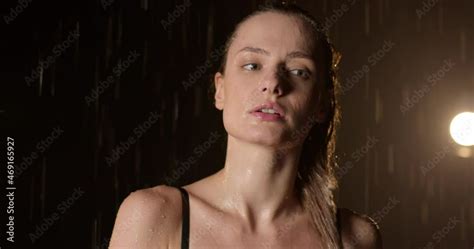 Close Up Wet Female Face And Hands Woman Squeezes Out Dries Up Hair After Shower Relaxed Lady