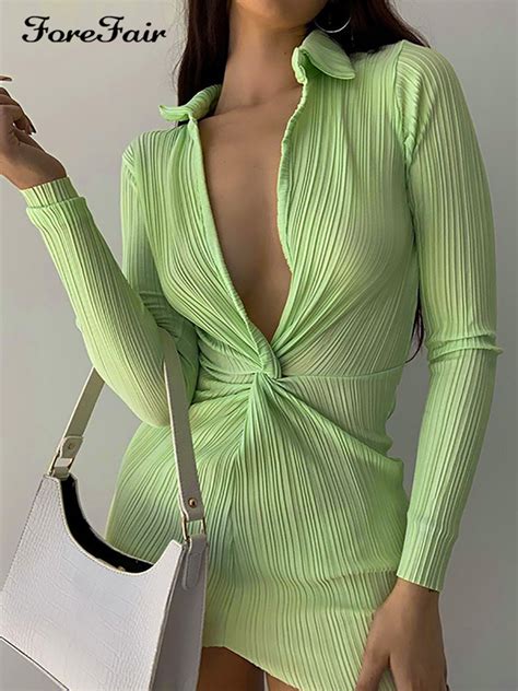 Forefair 2021 Winter Sexy Bodycon Dress Green Deep V Neck Long Sleeve Autumn Fashion Casual