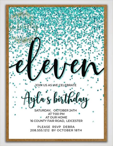 Teal Sparkly Glitter 11th Birthday Invitation Editable Etsy In 2021