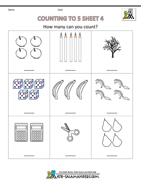 Math, language arts and other activities, including letters and the alphabet, handwriting, numbers, counting use these free worksheets to learn letters, sounds, words, reading, writing, numbers, colors, shapes and other preschool and kindergarten skills. Preschool Counting Worksheets - Counting to 5