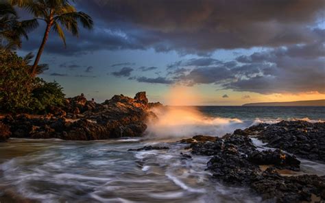 Download Wallpapers Hawaii Maui Sunset Coast Ocean Waves Palm