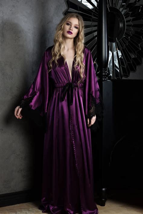 Midnight Magnolia Silk Nightgown K Femme Silk Robe Long Night Gown Satin Dressing Gown
