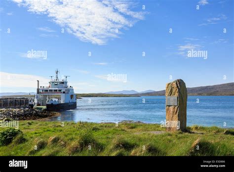 Causeway Memorial Stone And Calmac Ferry By Pier On Berneray Island