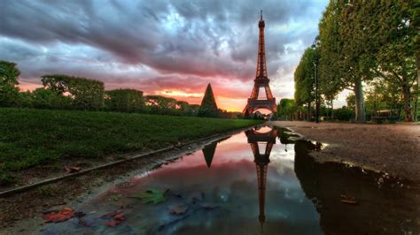 Full Hd Wallpaper Eiffel Tower Sunset Alley Overcast Reflection Paris