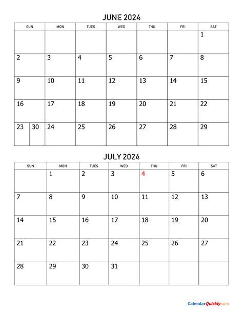 June July Calendar Printable Calendar