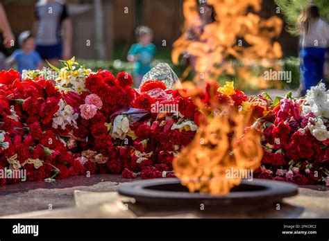 flowers at the memorial fire. the memory of the fallen soldiers in the