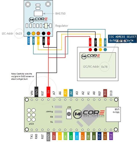 It shows the components of the circuit as simplified shapes, and the power and signal connections between the devices. Wiring the BH1750 Digital 16bit Serial Output Type Ambient Light Sensor | 14core.com