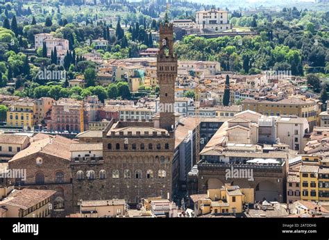 Tower Of Palazzo Vecchio In Florence Top View To Roofs Old Town Stock