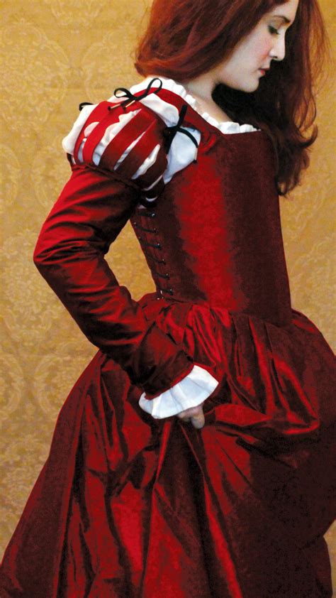 Corset Gown Of Cherry Red Silk Shantung Shoulder Paned Sleeves By