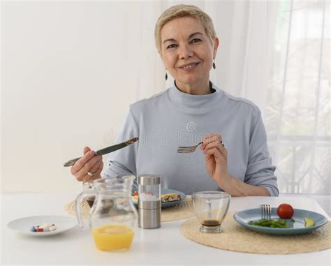 Healthy Nutrition Breakfast Single Senior Woman Having Breakfast And