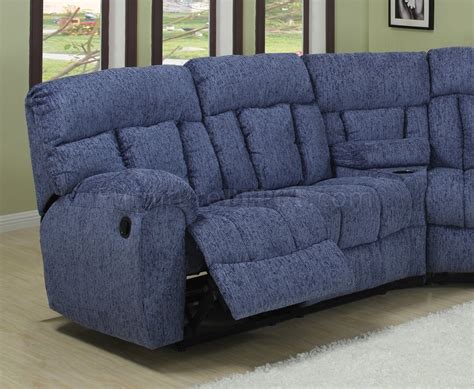 The navy blue performance fabric with padded armrests and a soft surface is enhanced with the left and right recliners and headrests that are powered on with push buttons. Blue or Beige Fabric Modern 5Pc Reclining Sectional Sofa