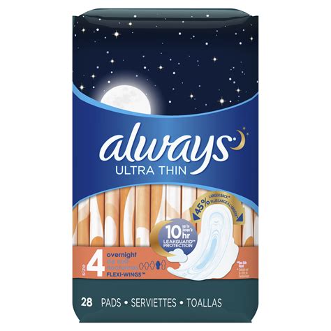 Always Ultra Thin Overnight Pads With Wings Unscented Size 4 28 Ct