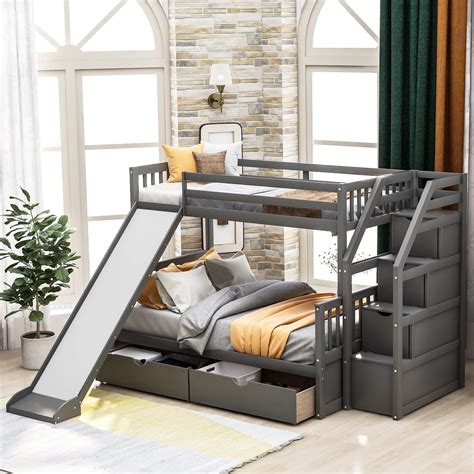 Buy Twin Over Full Bunk Bed Solid Wood Bunk Bed Frame With 3 Storage