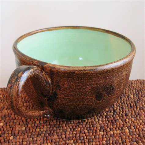Ceramic Soup Mug In Cocoa Mint Large Stoneware Pottery Cup