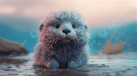 The Cute Otter Standing In The Water Background Sea Otter Blue Fur