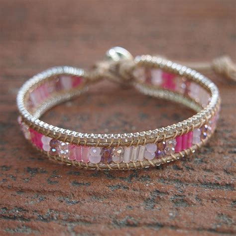 pink-seed-beaded-mix-single-wrap-bracelet-with-chain,-beaded-bracelet,-layer-bracelet-in-2021