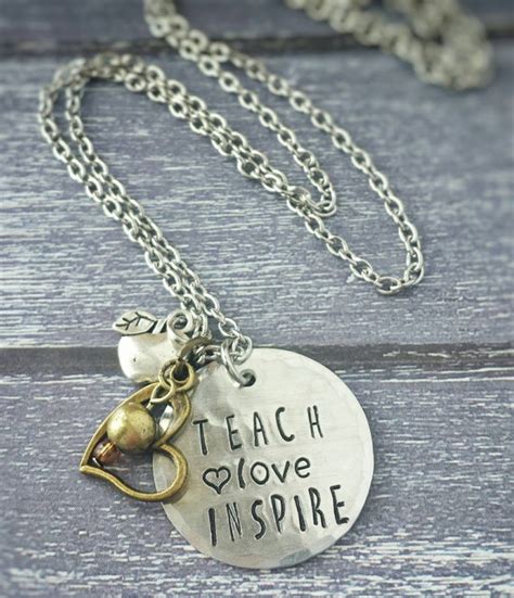 teachers necklace teach love inspire handstamped