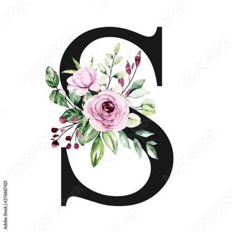 Floral Alphabet Letter S With Watercolor Flowers And Leaves Monogram