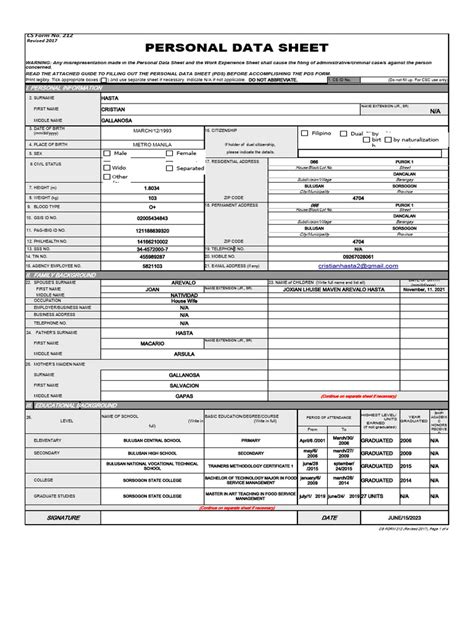 Cs Form No 212 Personal Data Sheet Excel Format2 2021 Pdf